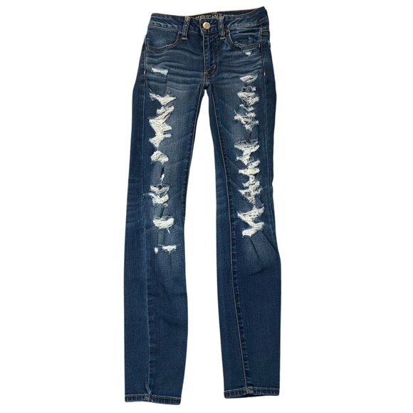 American Eagle Outfitters Womens Jeans Size 00 Blue Denim Distressed Jeggings - Picture 1 of 13